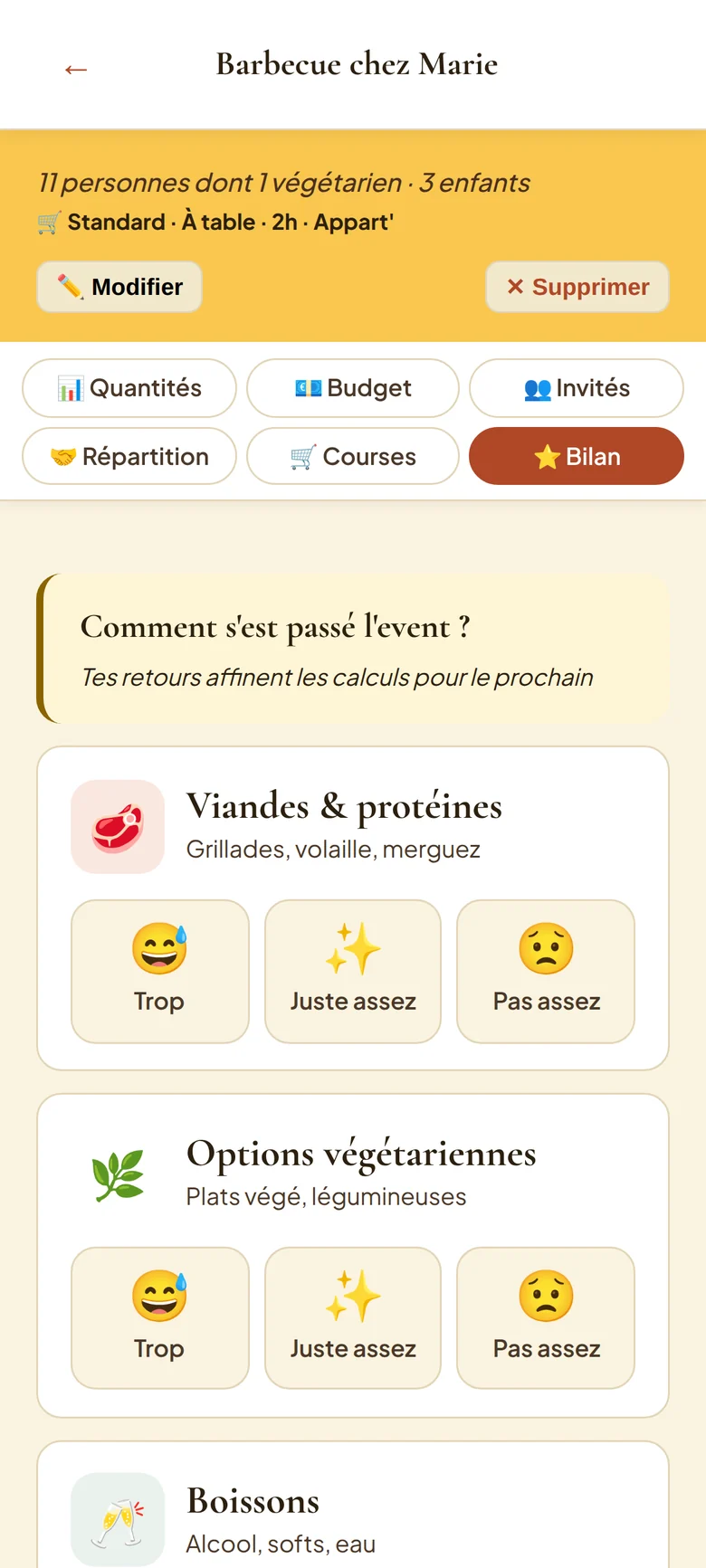 Écran de bilan : pour chaque catégorie d'aliments, trois choix — trop, juste assez, pas assez