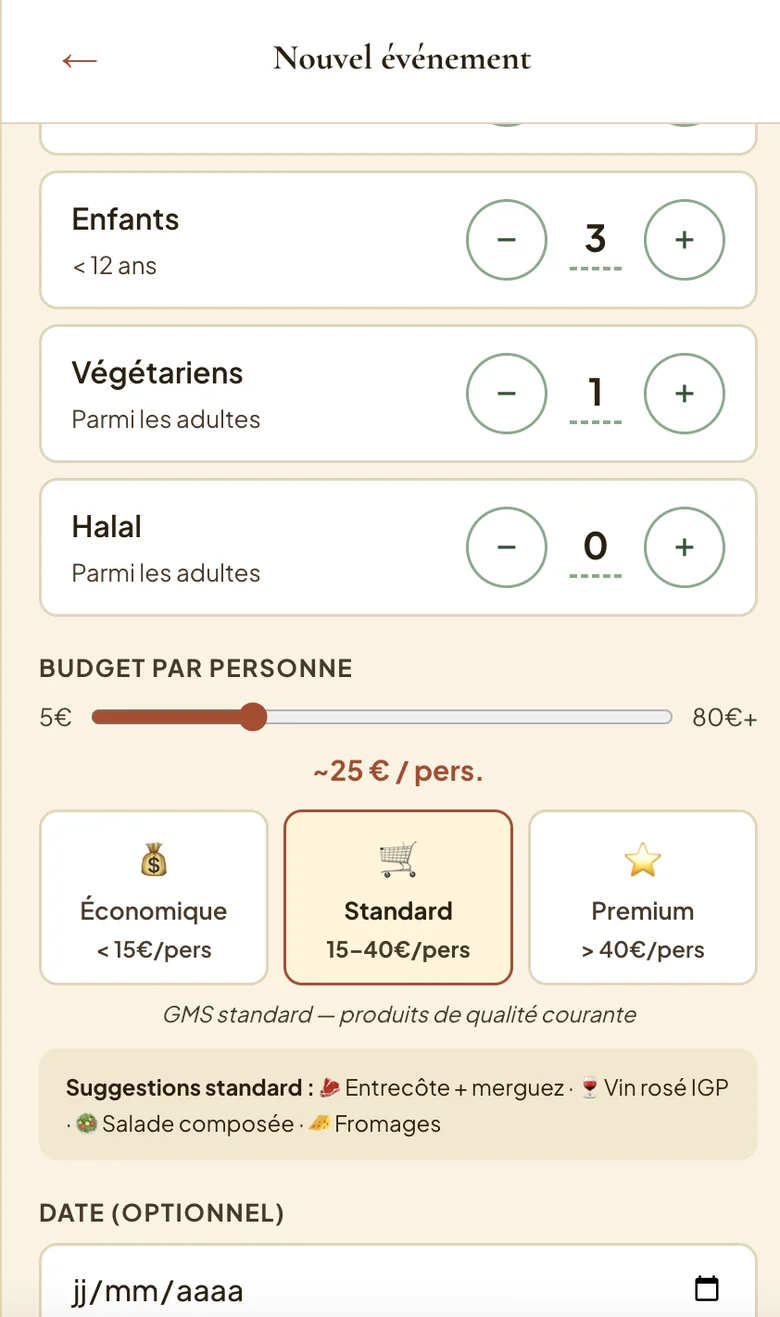 Écran de création d'un événement : compteurs pour les adultes, les enfants et les végétariens, et curseur de budget par personne